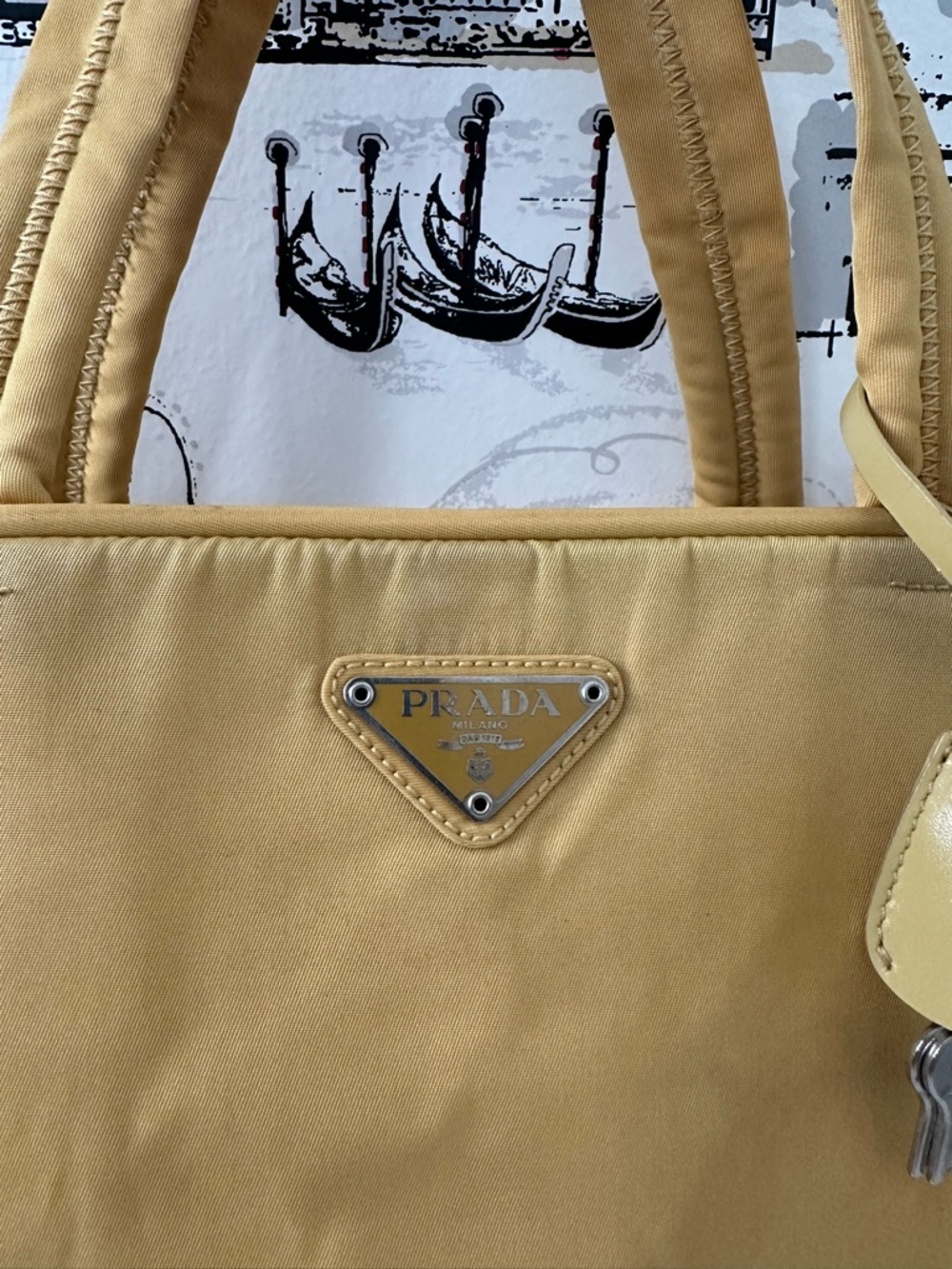 Prada Mustard Yellow Nylon Tote with Logo Plaque, an fit 14” laptop